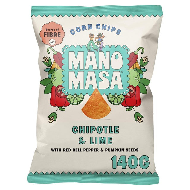 Manomasa Chipotle & Lime tortilla chips 140g, imported from the UK