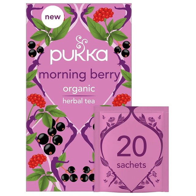Pukka Herbs Organic Morning Berry tea bags 20-pack, imported from the UK