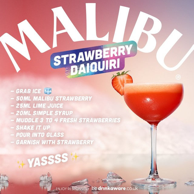 Malibu strawberry flavoured rum liqueur 70cl, imported from the UK