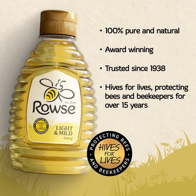 Rowse Light & Mild Squeezy Honey 340g, imported from the UK