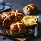 M&S luxury fruited hot cross buns 4 pack, imported from the UK