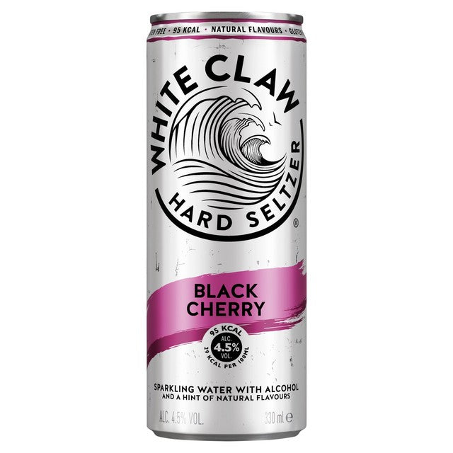 White Claw black cherry hard seltzer 330ml can, imported from the UK