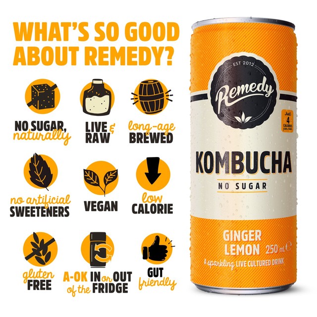 Remedy ginger lemon kombucha 4 x 330ml, imported from the UK