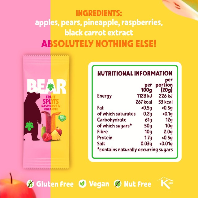 Bear raspberry and pineapple fruit splits snack pack - British product