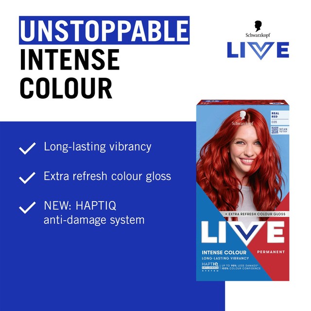Schwarzkopf LIVE Intense Colour 035 Real Red permanent hair dye, imported from the UK