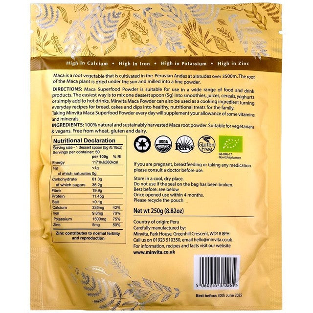 Minvita Maca Superfood Powder 250g, imported from the UK
