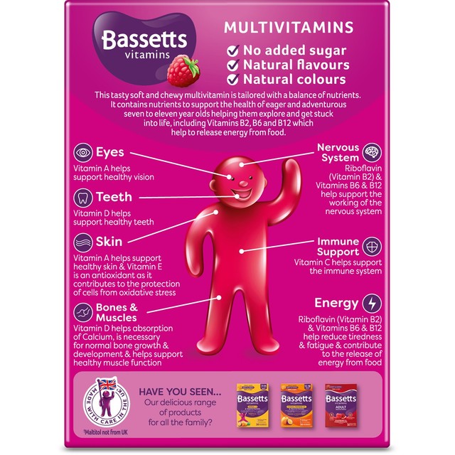 Bassetts raspberry multivitamin gummies for children age 7-11 - British product