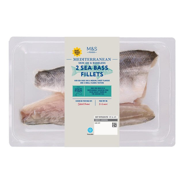 M&S sea bass fillets 180g, imported from the UK