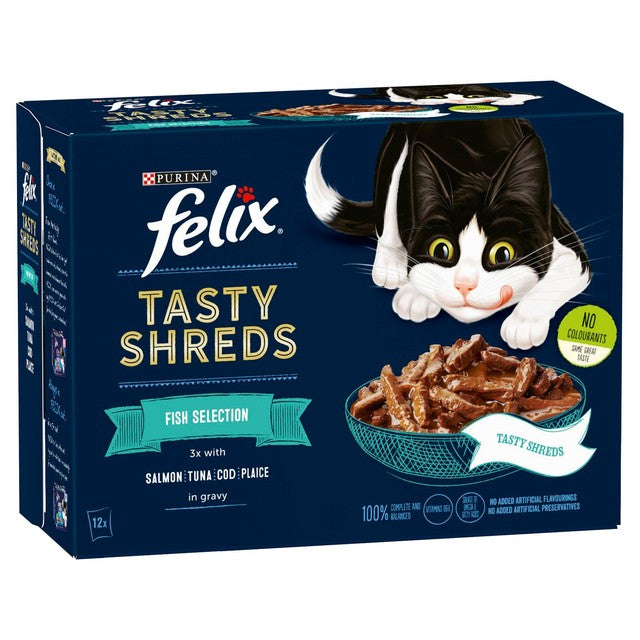 Felix Tasty Shreds Fish Selection in Gravy wet cat food 12 x 80g - British product