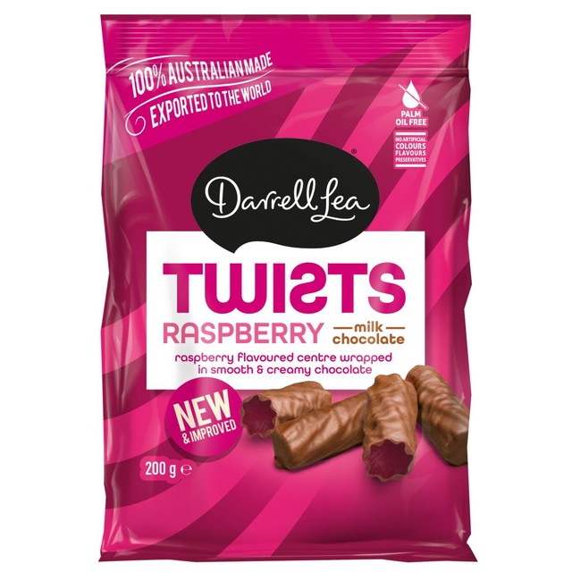 Darrell Lea raspberry liquorice twists chocolate coated 200g - British product