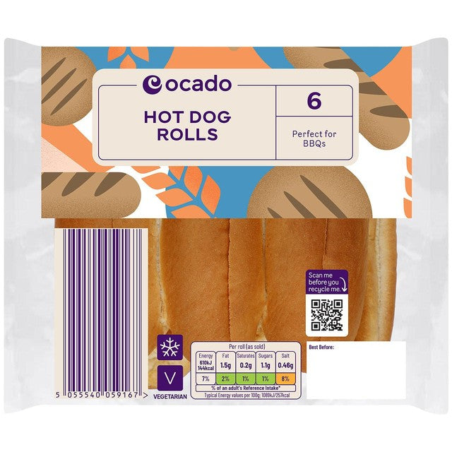 Ocado sliced hot dog rolls 6 per pack, imported from the UK