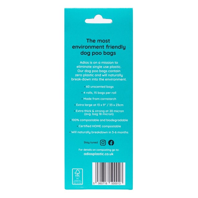 Adios grey compostable dog poo bags 60 pack - British product