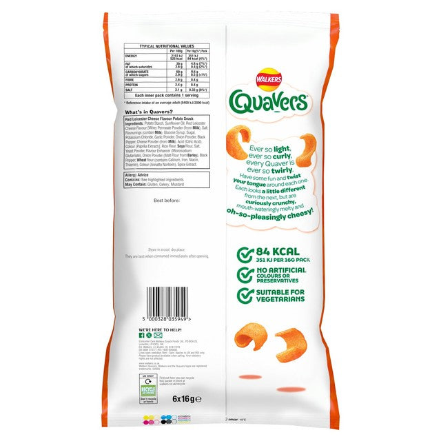 Quavers Red Leicester Cheese Flavour crisps 6 pack, imported from the UK