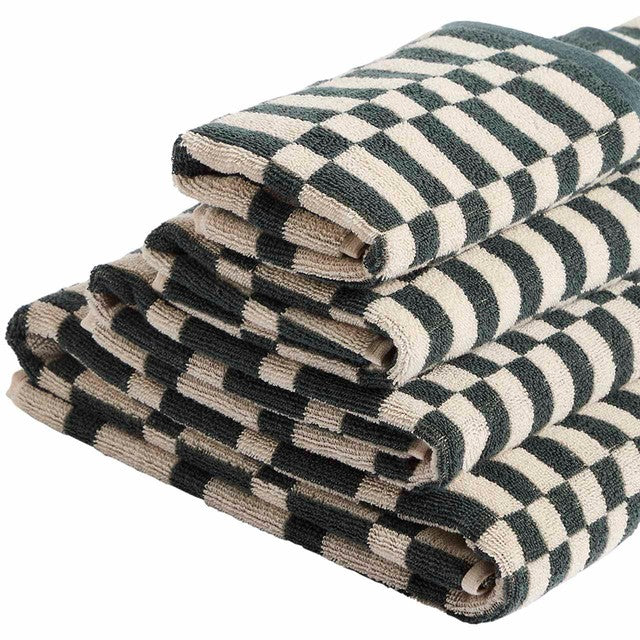 M&S geometric check bath towel in forest green, imported from the UK