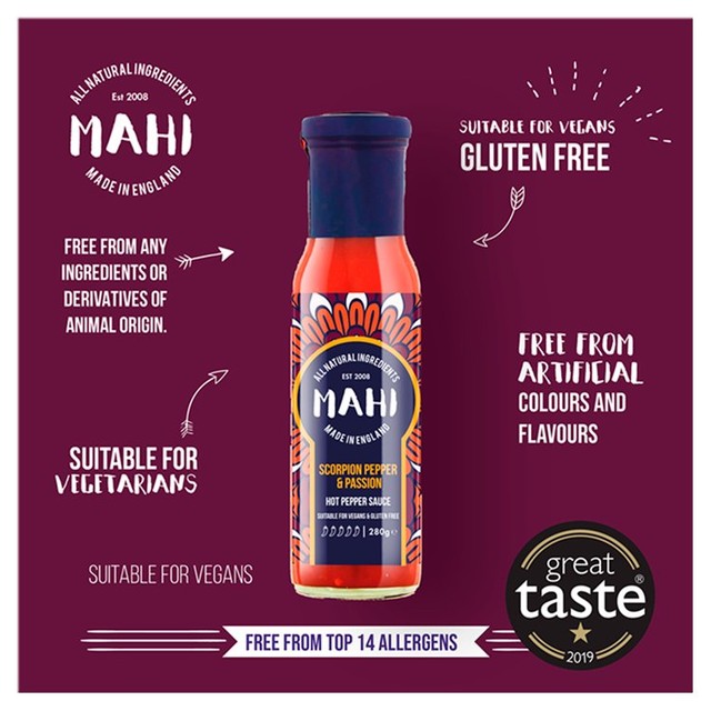 Mahi Scorpion Pepper & Passion hot sauce 280ml, imported from the UK