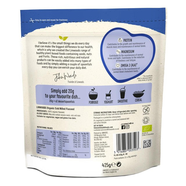 Linwoods milled organic flaxseeds 425g, UK version