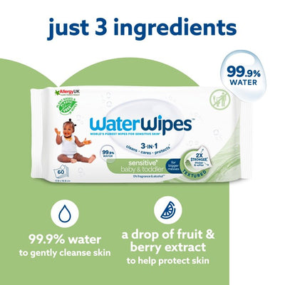 مناديل أطفال WaterWipes Sensitive خالية من البلاستيك، 60 منديلًا