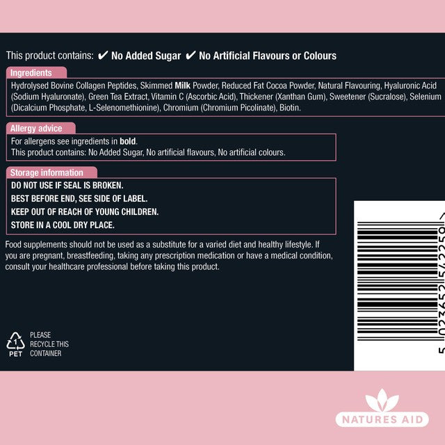 Natures Aid collagen chocolate shake powder 225g, imported from the UK