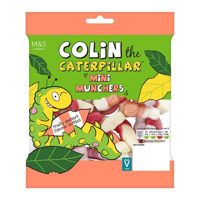 M&S Colin The Caterpillar Mini Munchers assorted fruit flavour gums 150g, imported from the UK