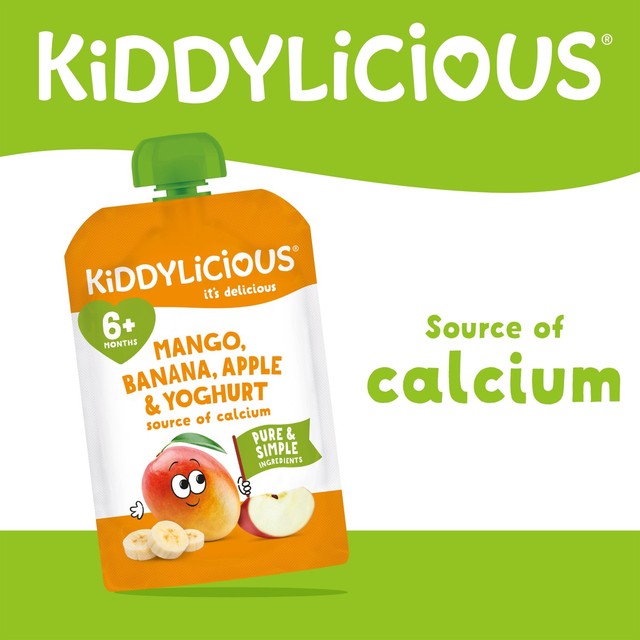 Kiddylicious baby pouch mango banana apple yoghurt multipack 6+ months, imported from the UK