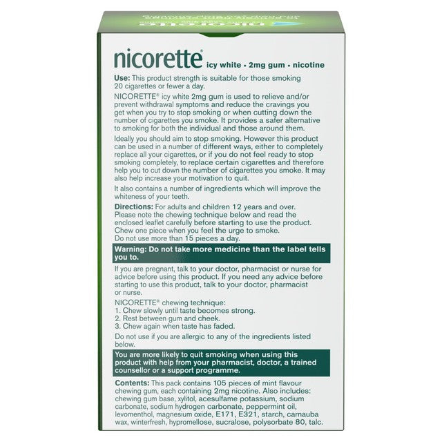 Nicorette icy white nicotine gum 2mg 105 pieces, imported from the UK