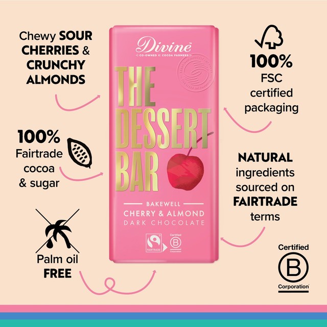 Divine Dark Chocolate Bakewell Dessert Bar 180g Cherry Almond - British product