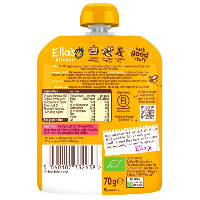 Ella's Kitchen Bananas First Tastes baby food pouch 70g - British product
