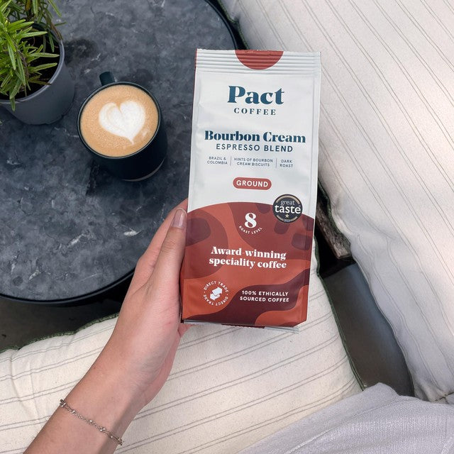 Pact Coffee Bourbon Cream Espresso Ground Coffee 200g, imported from the UK