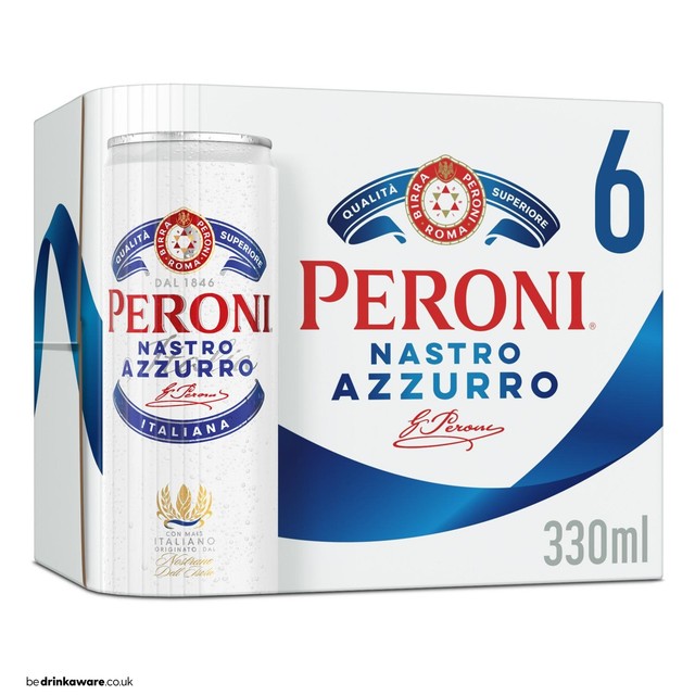 Peroni lager beer in 6x330ml cans, imported from the UK