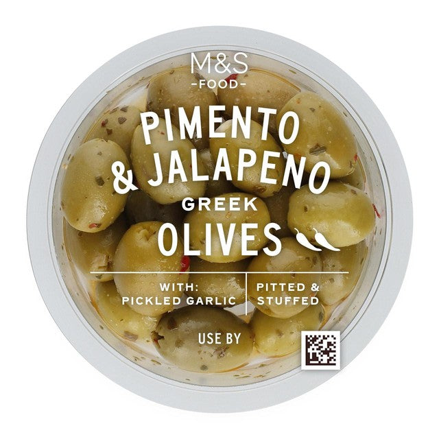 M&S olives with garlic, pimento, and jalapeno 165g, imported from the UK