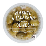 M&S olives with garlic, pimento, and jalapeno 165g, imported from the UK