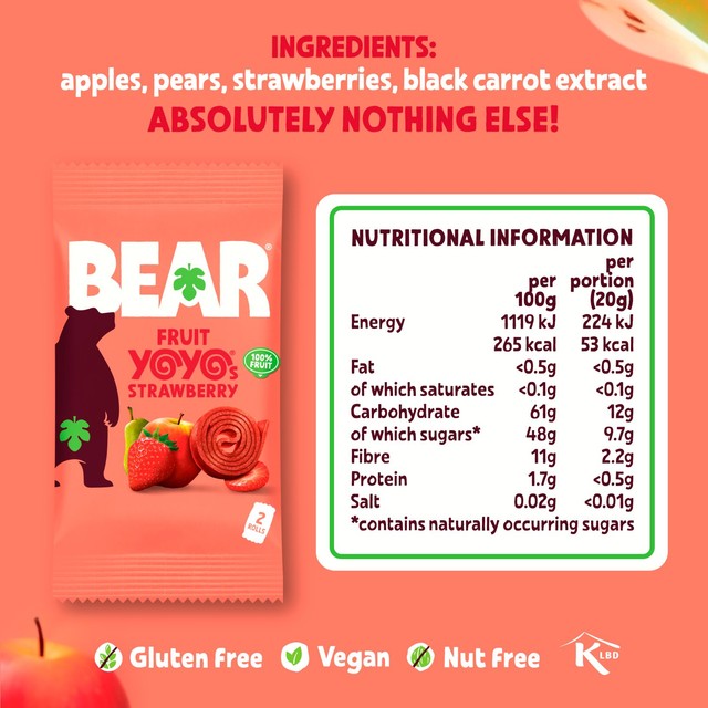 Bear strawberry fruit rolls 5 x 20g - British product