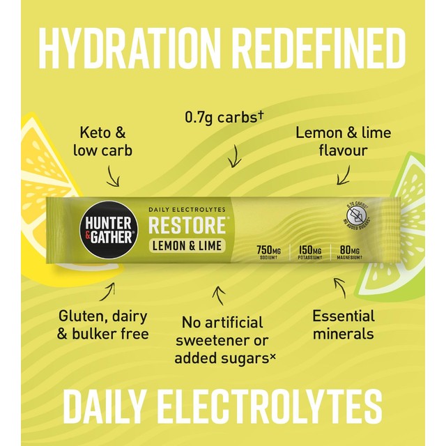 Hunter & Gather Restore electrolyte powder Lemon Lime sachets, UK version