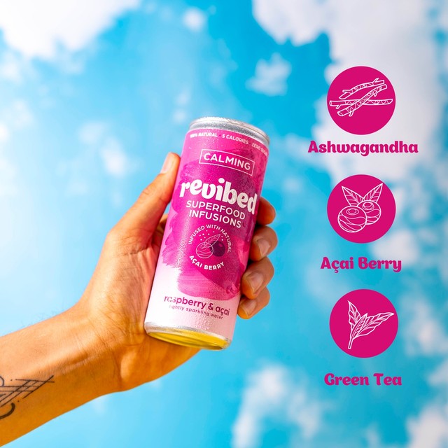 Revibed Calming Raspberry Acai Sparkling Water 250ml, imported from the UK