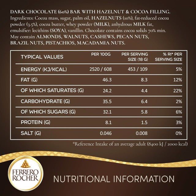 Ferrero Rocher 70% dark chocolate bar with hazelnuts 90g - British product