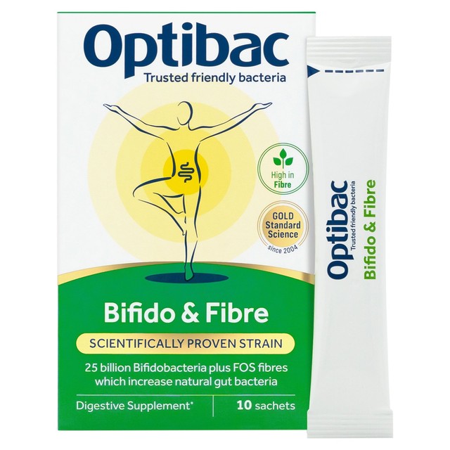 Optibac Bifido & Fibre probiotic supplement 10 sachets, imported from the UK
