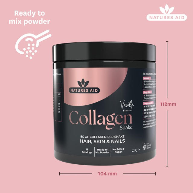 Natures Aid Collagen Vanilla Shake 225g, imported from the UK
