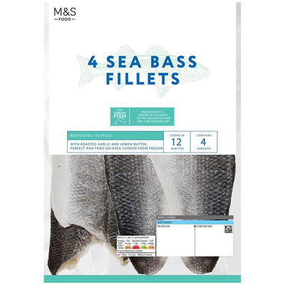 M&S 4 Wolfsbarschfilets mit Knoblauch-Zitronenbutter, gefrorene Fischfilets, 420 g