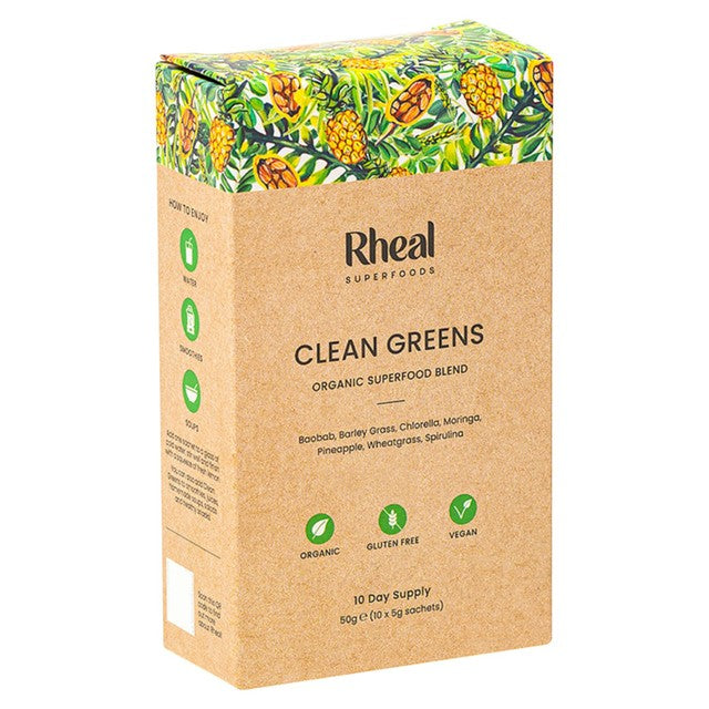 Rheal Superfoods Clean Greens sachets 50g, imported from the UK