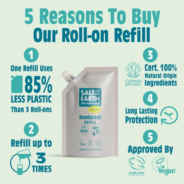 Salt of the Earth Natural Deodorant Roll On Refill Unscented 225ml (British brand)