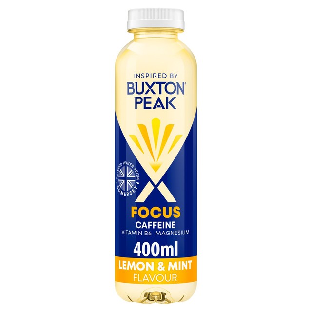 Buxton Peak Focus lemon mint vitamin water with caffeine (British brand)
