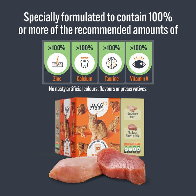 HiLife mature cat food variety pack with chicken and tuna in jelly 32 x 70g, UK version