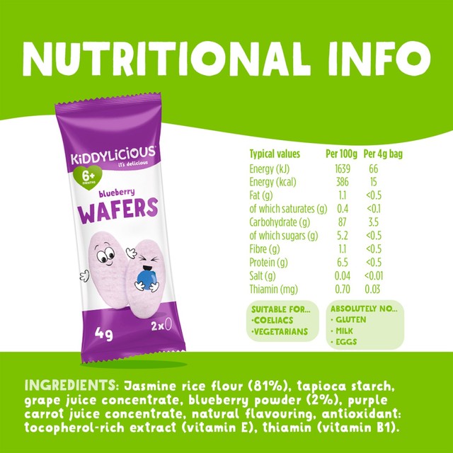 Kiddylicious blueberry maxi wafers baby snacks 10 x 4g, UK version