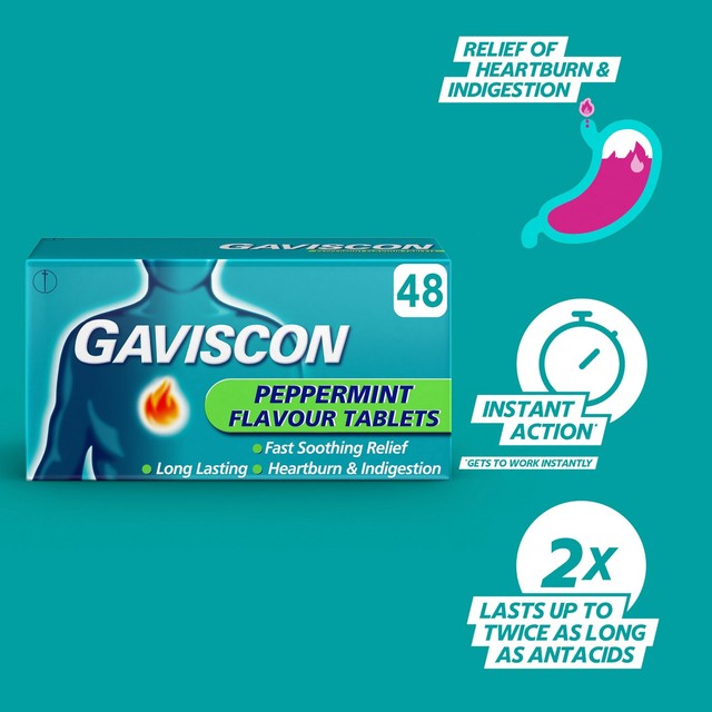 Gaviscon Heartburn & Indigestion Peppermint Tablets 48 Tablets, UK version