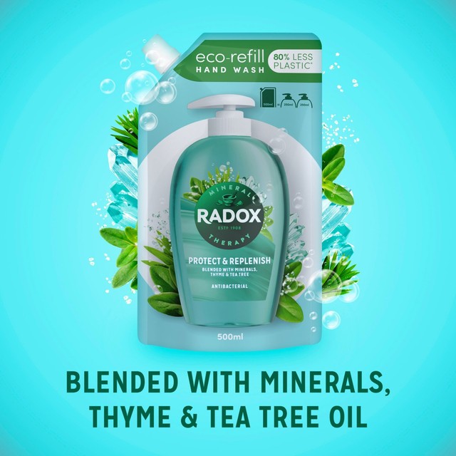 Radox thyme and tea tree oil antibacterial hand wash refill pouch 500ml, imported from the UK
