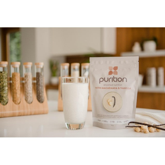 Purition Macadamia & Vanilla wholefood nutrition powder 250g, imported from the UK