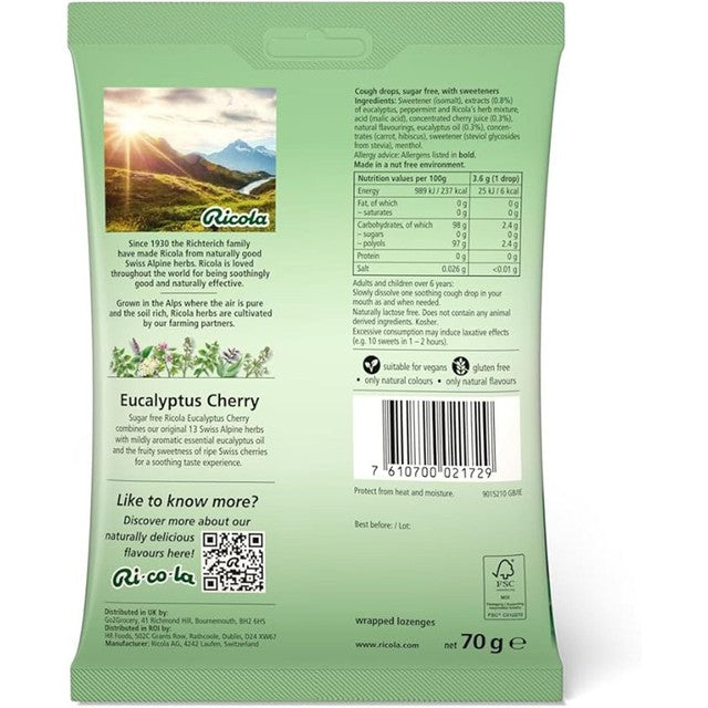 Ricola Eucalyptus Cherry cough drops 70g, imported from the UK