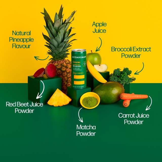 Medahuman Greens Superblend mango and pineapple wellness drink (British brand)