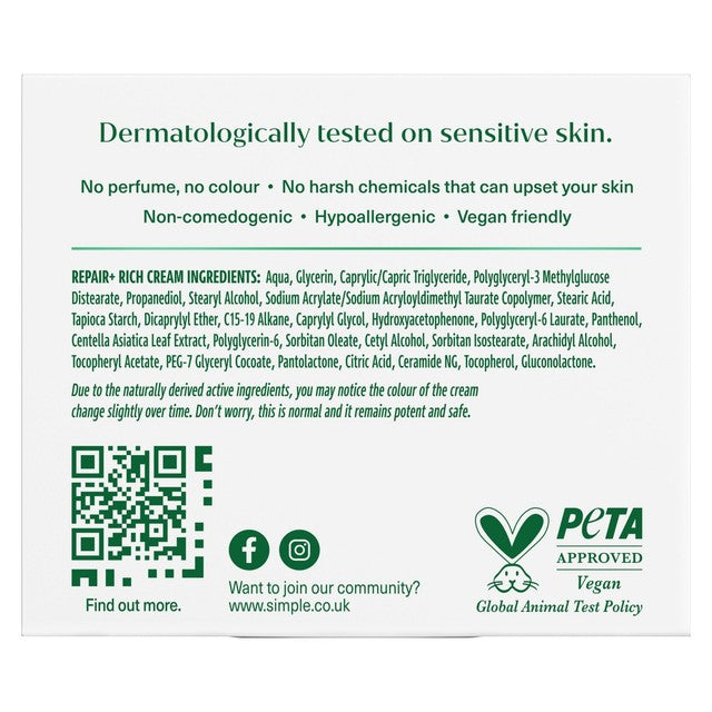 Simple Repair+ Rich facial moisturiser cream 50ml (British brand)