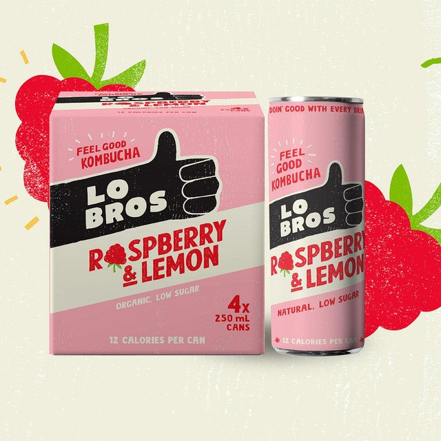 Lo Bros raspberry & lemon kombucha drink multipack 4x250ml, UK version